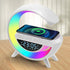 Lampa Smart LED RGB si Incarcator Wireless 15W, Lumini Ambientale, Sincronizare muzicala, Difuzor 5W, Muzica Bluetooth, USB, FM Radio, MicroSD, AUX, Afisaj Ceas Digital, Alarma, Alb